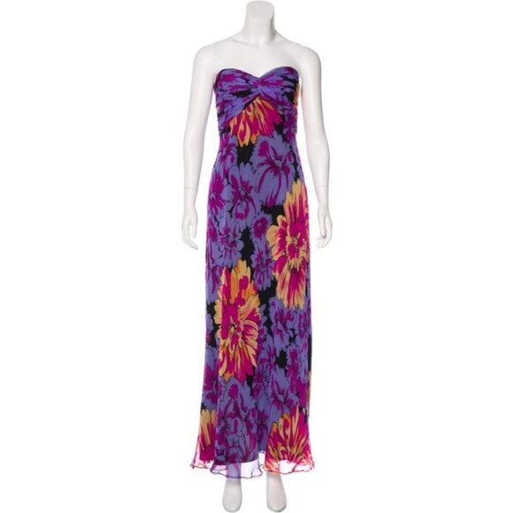 David Meister Multi Colored Print Silk With A Ruched Strapless Top Maxi Dress - Picture 2 of 12